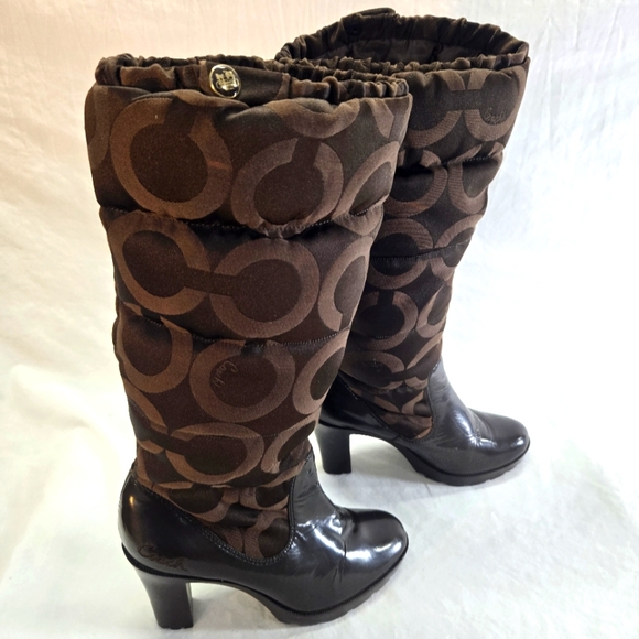Coach Loryn Heel Women's Size 7 Brown Quilted Tall Puffer Logo Signature Boots - Picture 1 of 10